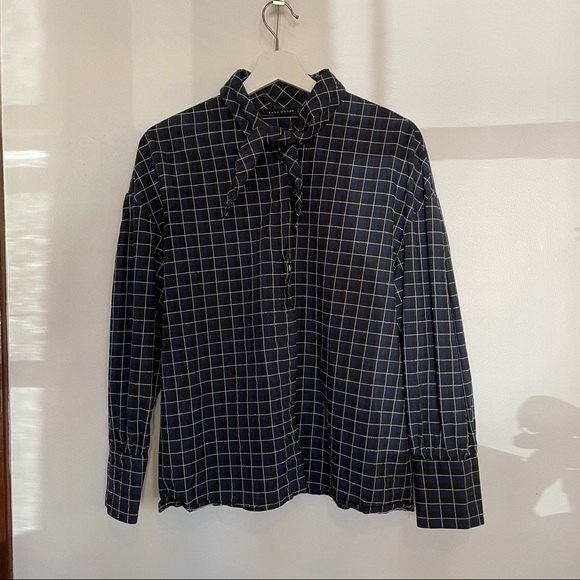 Zara Woman Navy Plaid 100% Cotton Blouse - Picture 2 of 4